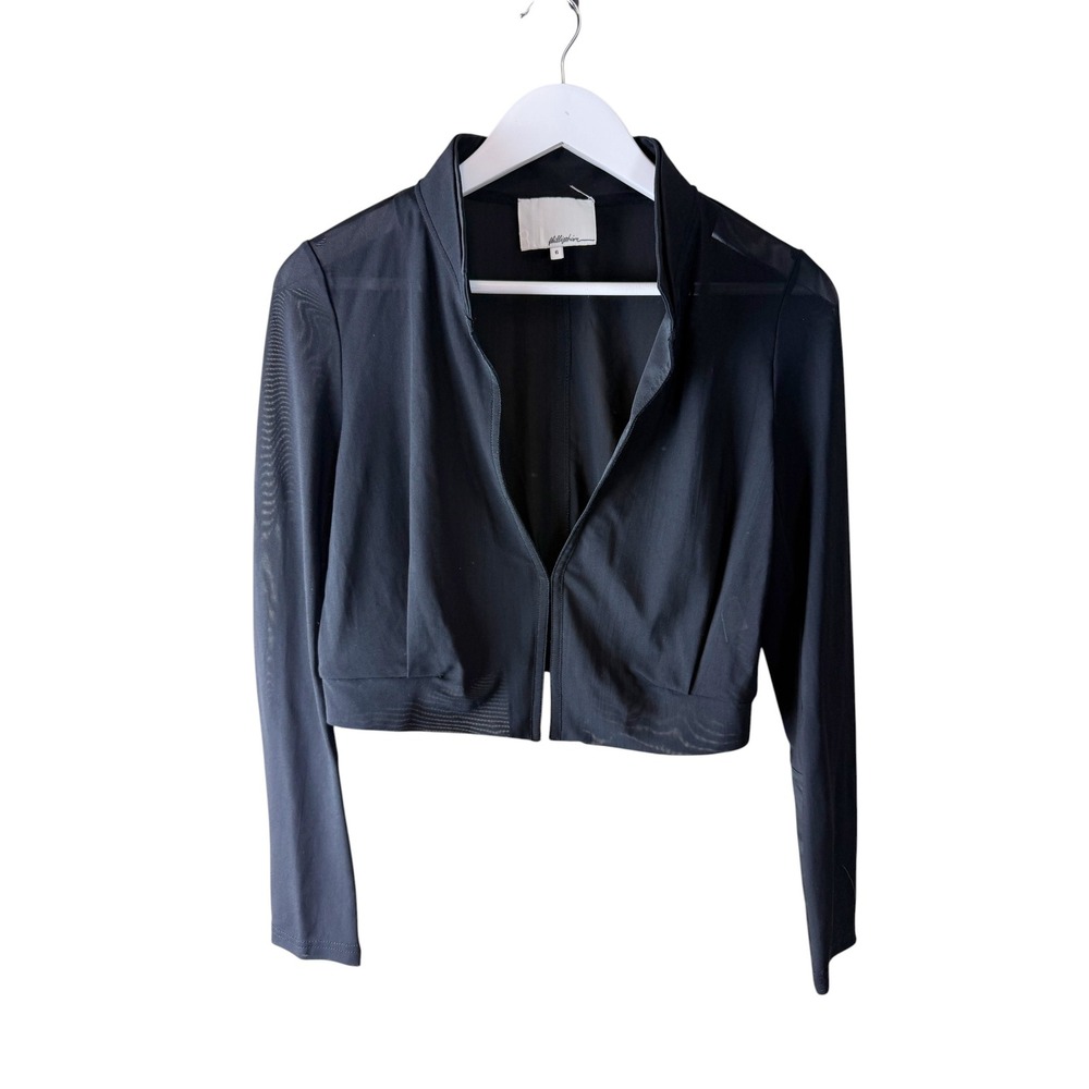 3.1 Phillip Lim Black Sheer Mesh Cropped Jacket Open Front Mock Neck Size 6